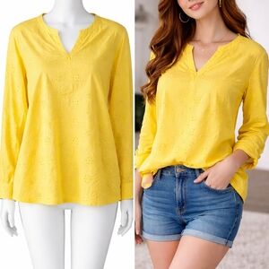 2X MISSLOOK 100% Cotton Bright Yellow Eyelet Long Sleeve Cotton Blouse – XXL
